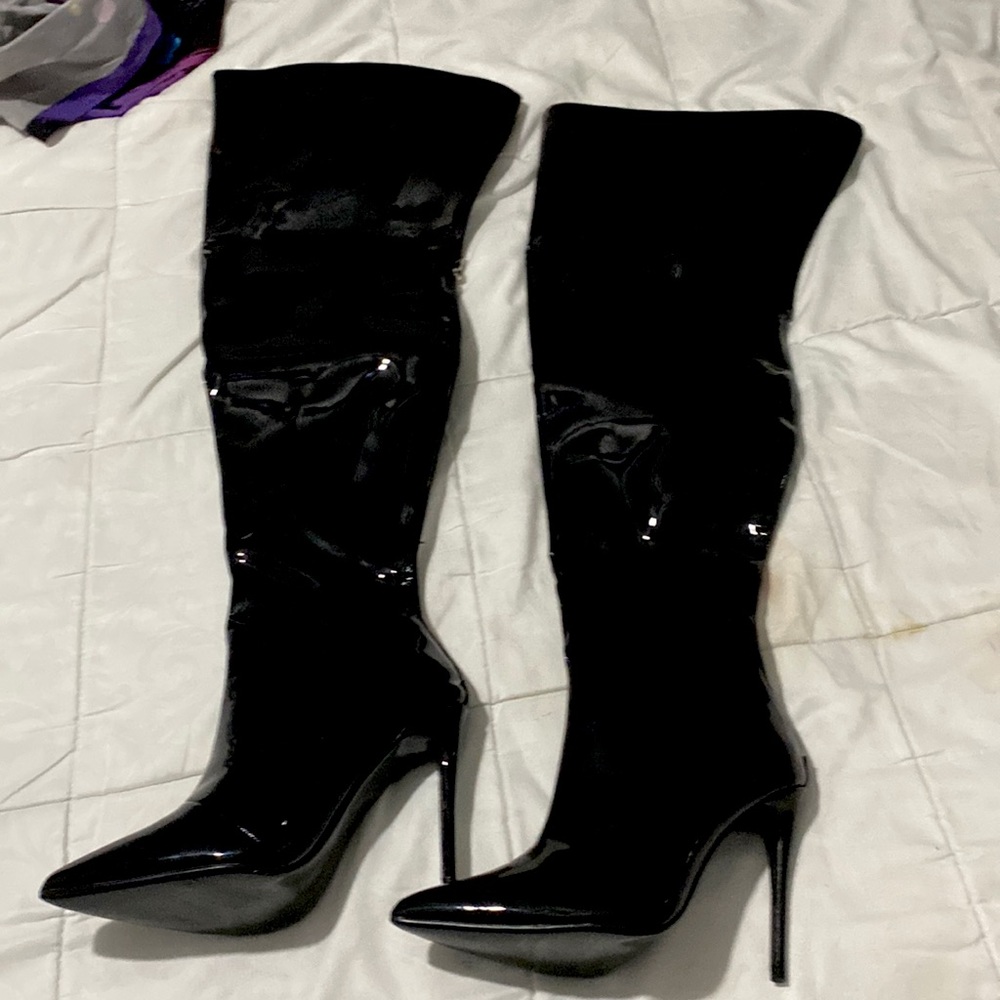 Black leather high boots